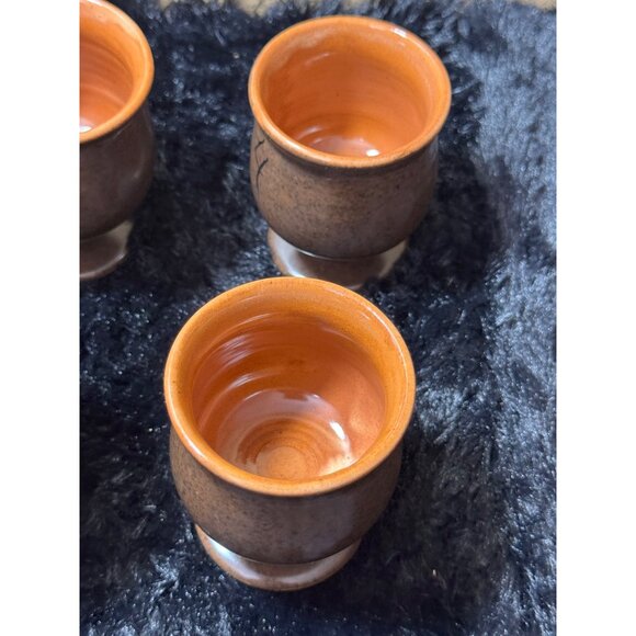 Vintage Ceramic Goblets Set Of 4 Brown & Orange Glazed Pedestal Cups - Picture 3 of 8
